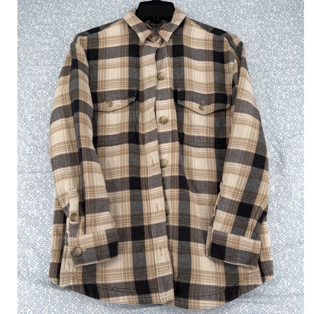 Eddie Bauer Women Tan Black Plaid Fleece Lined Flannel Shirt Jacket Size M